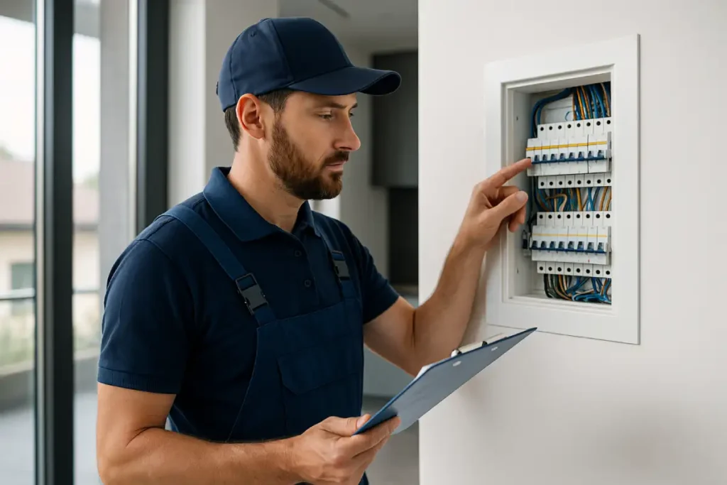 Electricista profesional revisando un cuadro eléctrico en un local moderno de Lleida con uniforme corporativo